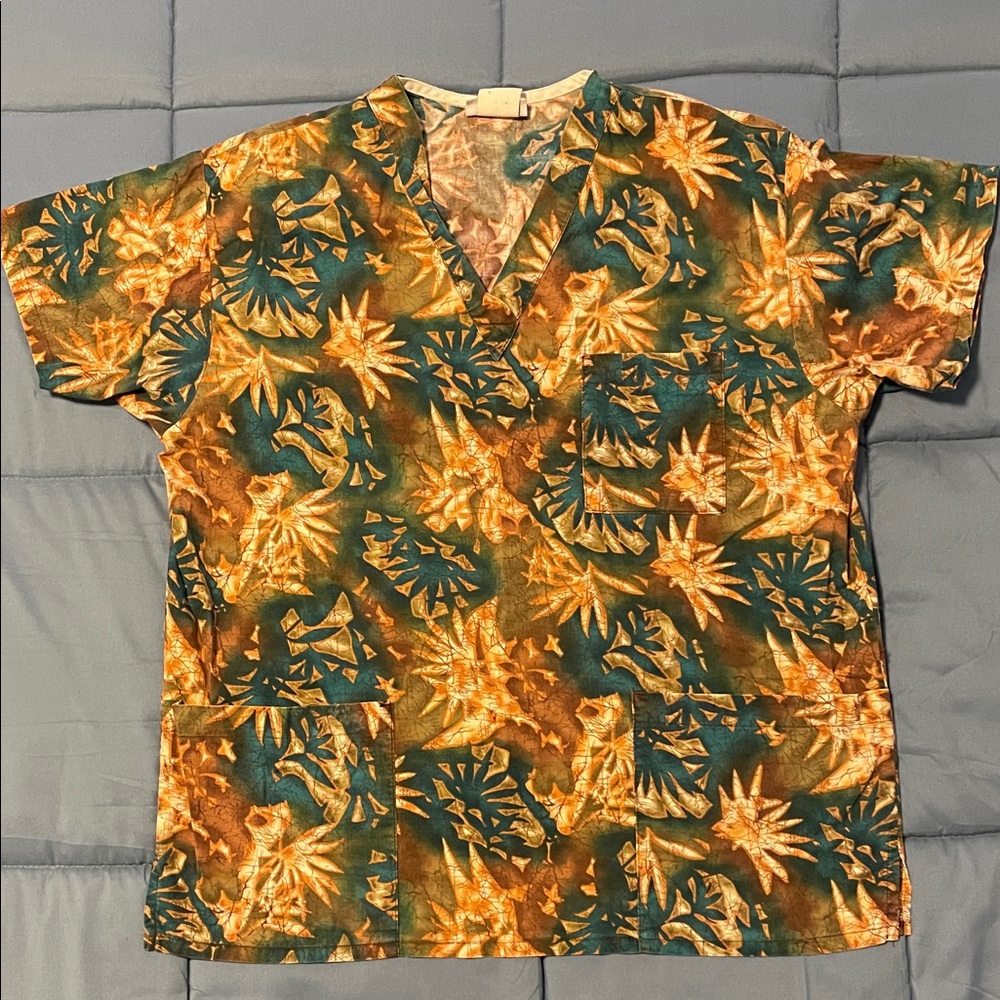 Woman’s Tropical Print Short-Sleeve Scrub Shirt in Teal & Mustard